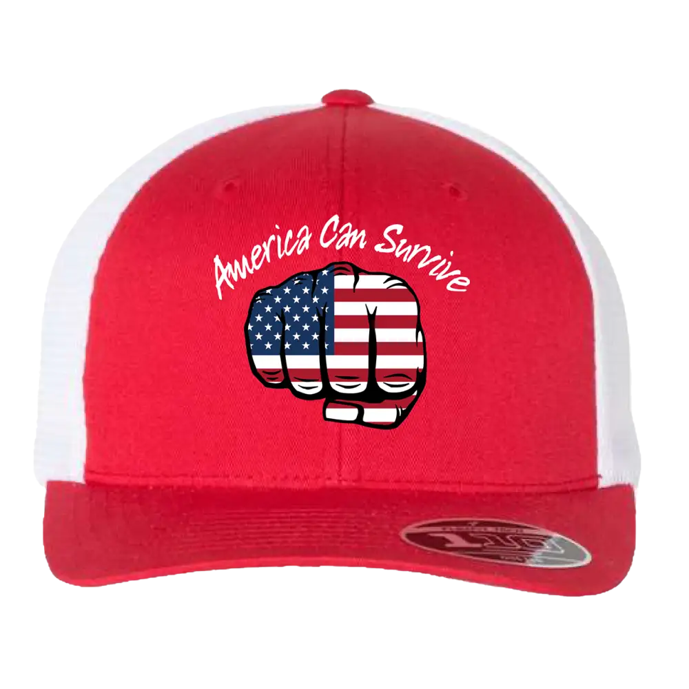 Red and white trucker-style baseball cap with an American flag fist design and ’America Can Survive’ text.