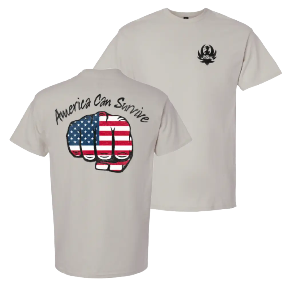 Light gray t-shirt with patriotic American-themed graphics on front and back.