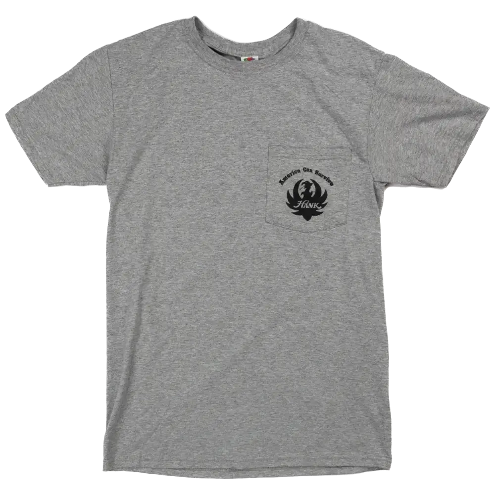 Gray t-shirt with a small pocket featuring a logo design.