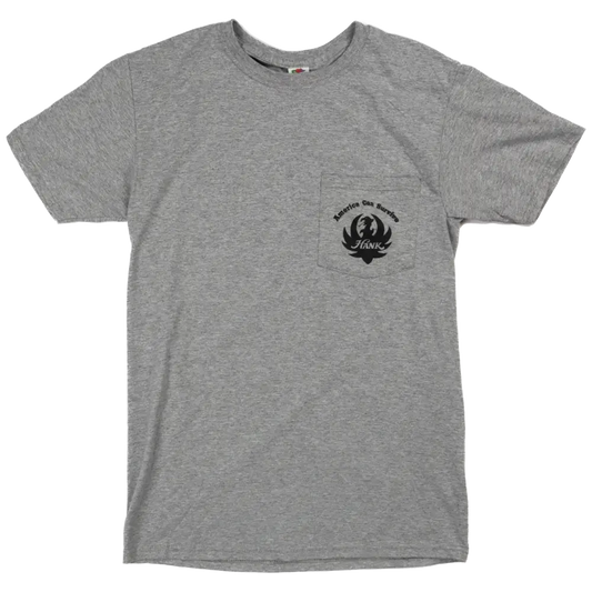 Gray t-shirt with a small pocket featuring a logo design.