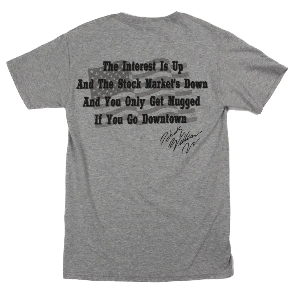 Gray t-shirt with black text printed on the back.
