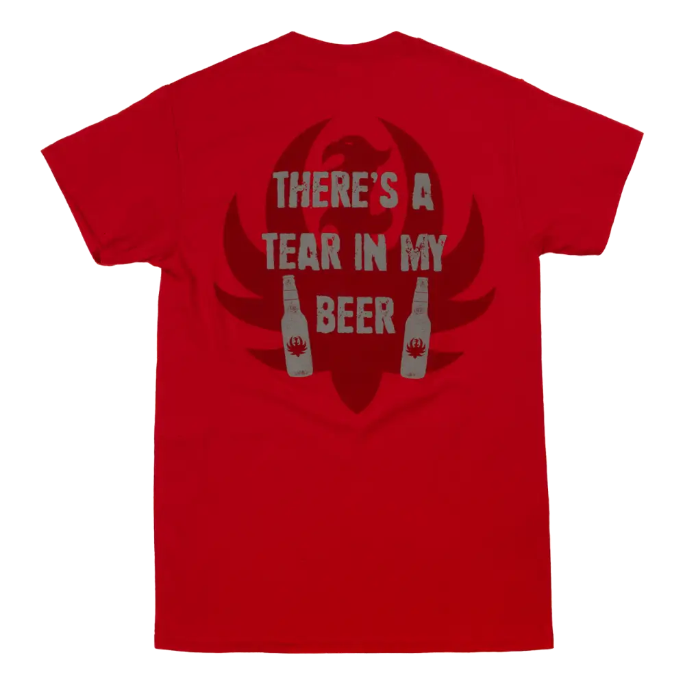 Red t-shirt with a humorous beer-related slogan and graphic design on the back.