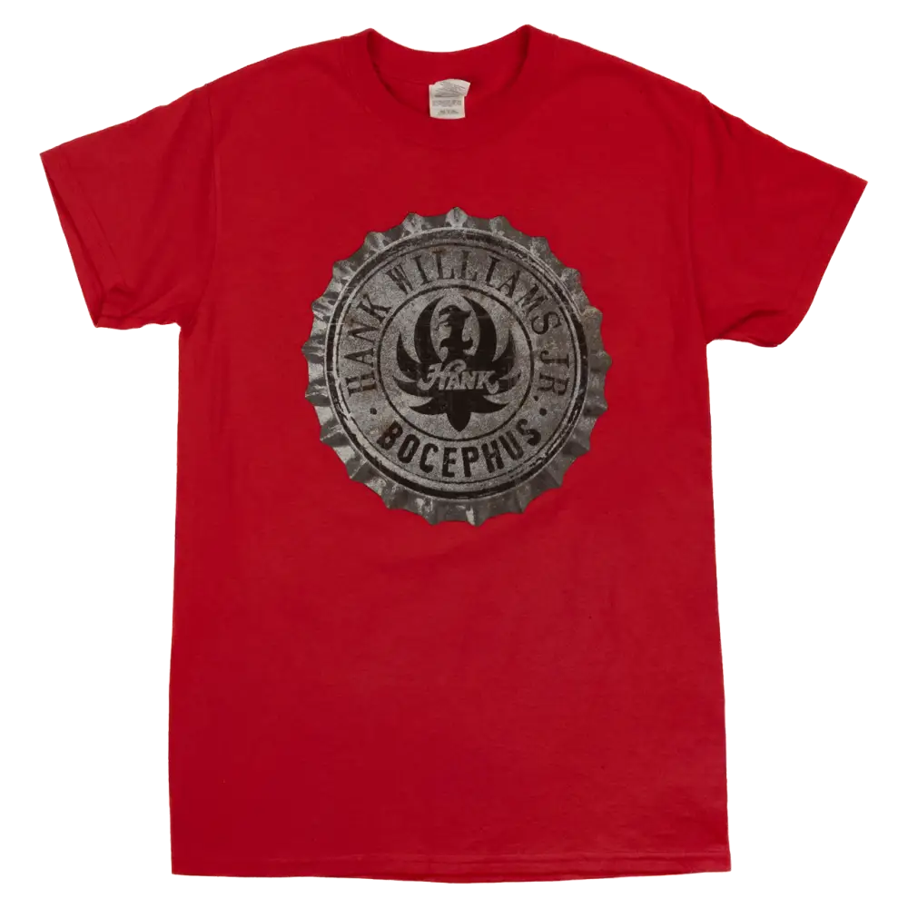 Red t-shirt with a circular logo featuring ’Frank Villains’ text and a skull design.