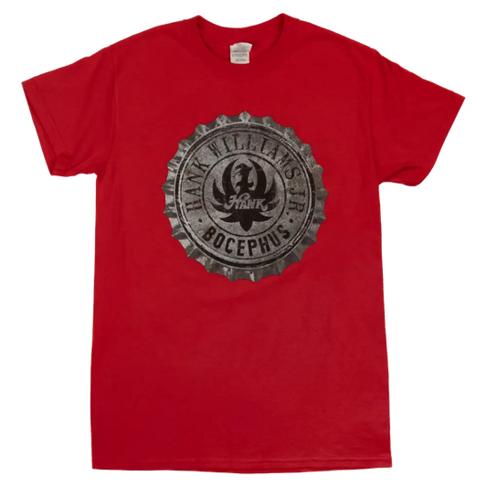 Red t-shirt with a circular logo featuring ’Frank Villains’ text and a skull design.