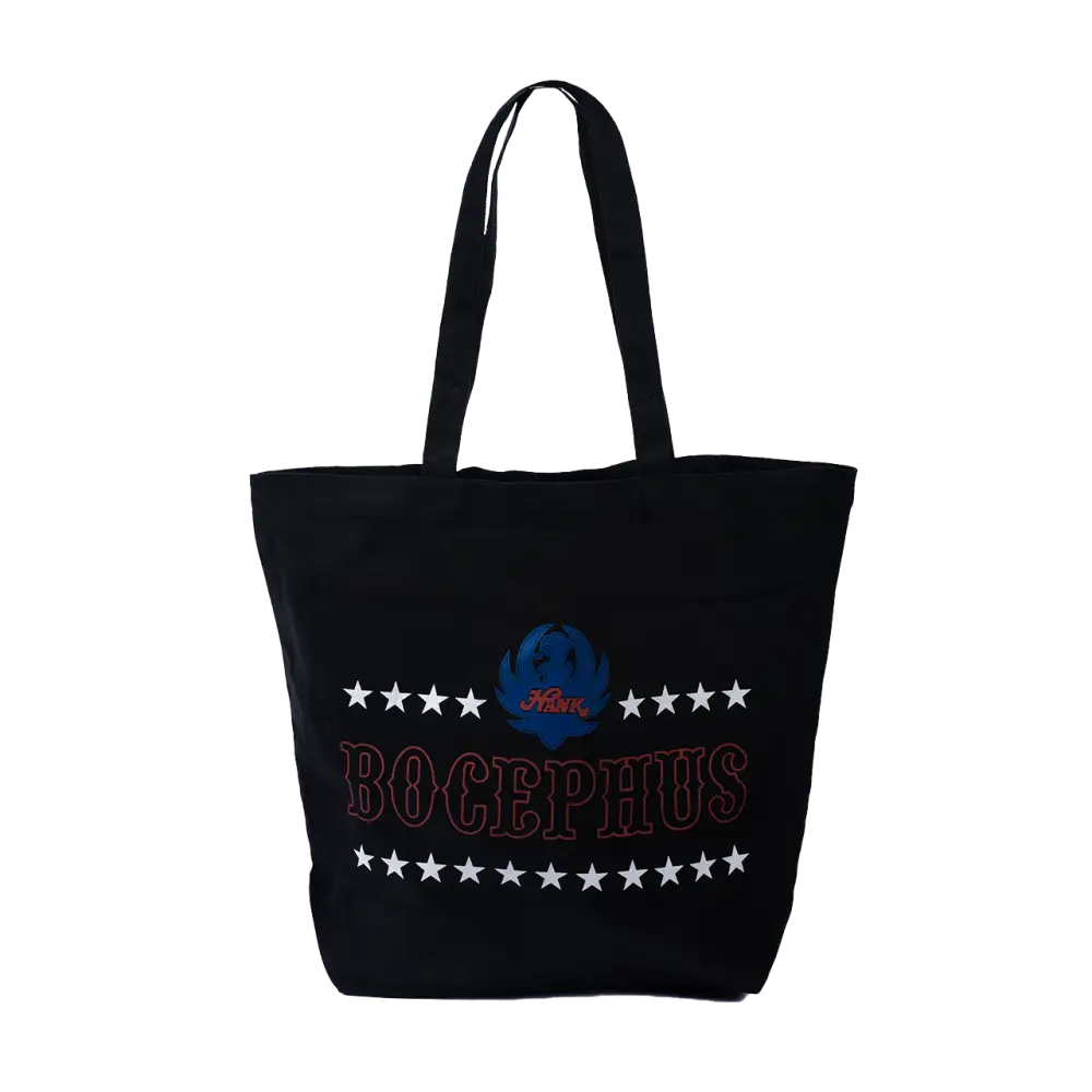 Black tote bag with ’Bocephus’ and stars embroidered on it.