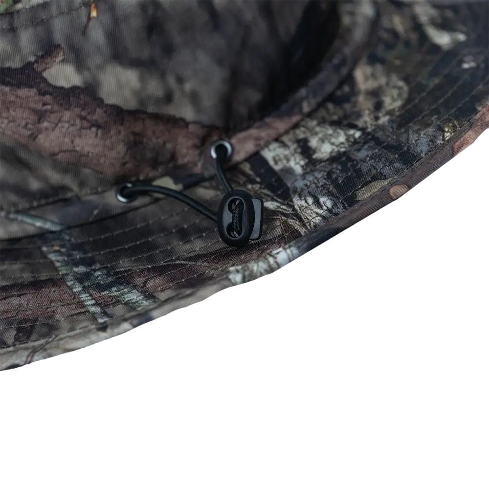 Camouflage-patterned hat brim with a drawstring cord.