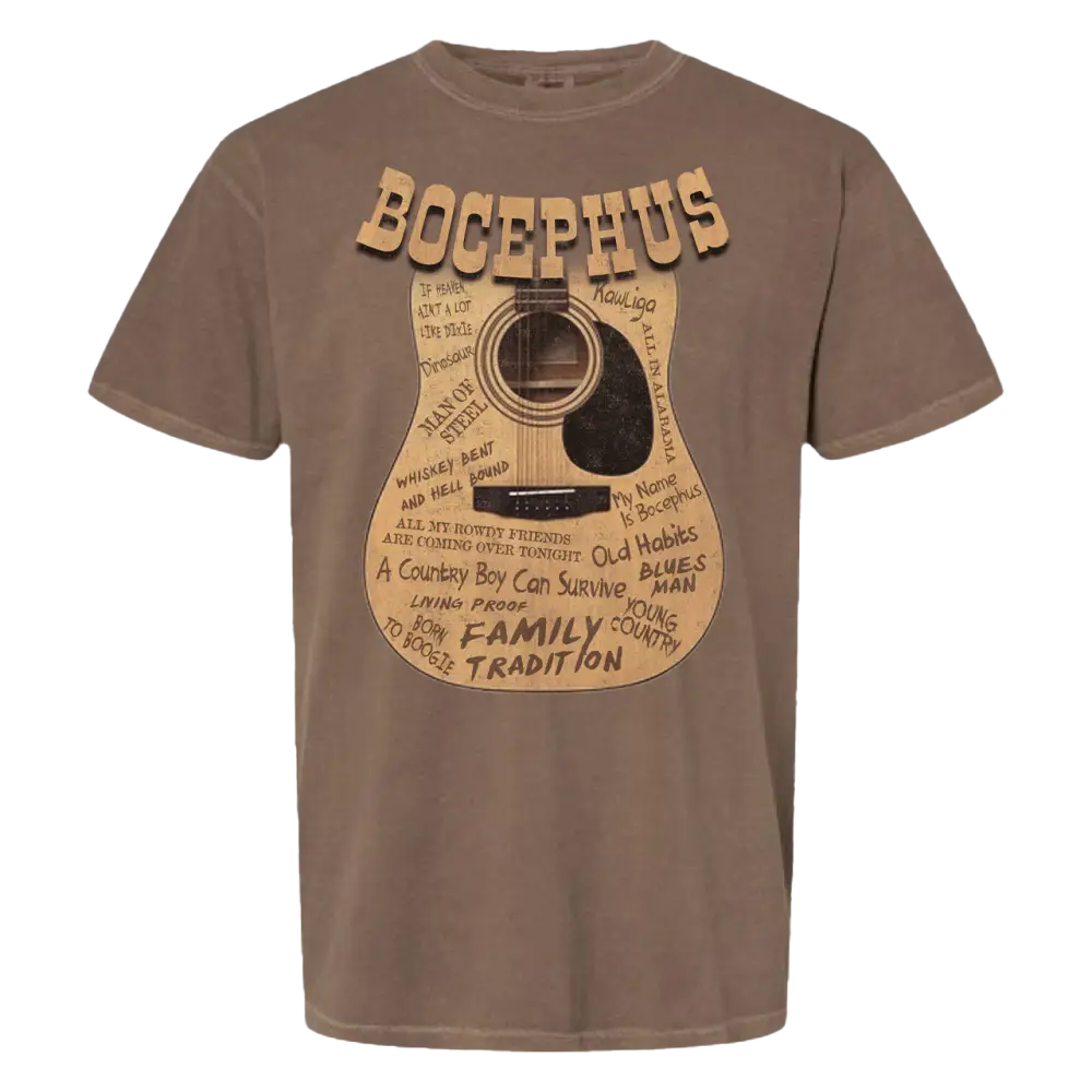 Brown t-shirt featuring a graphic design of an acoustic guitar with text and signatures.