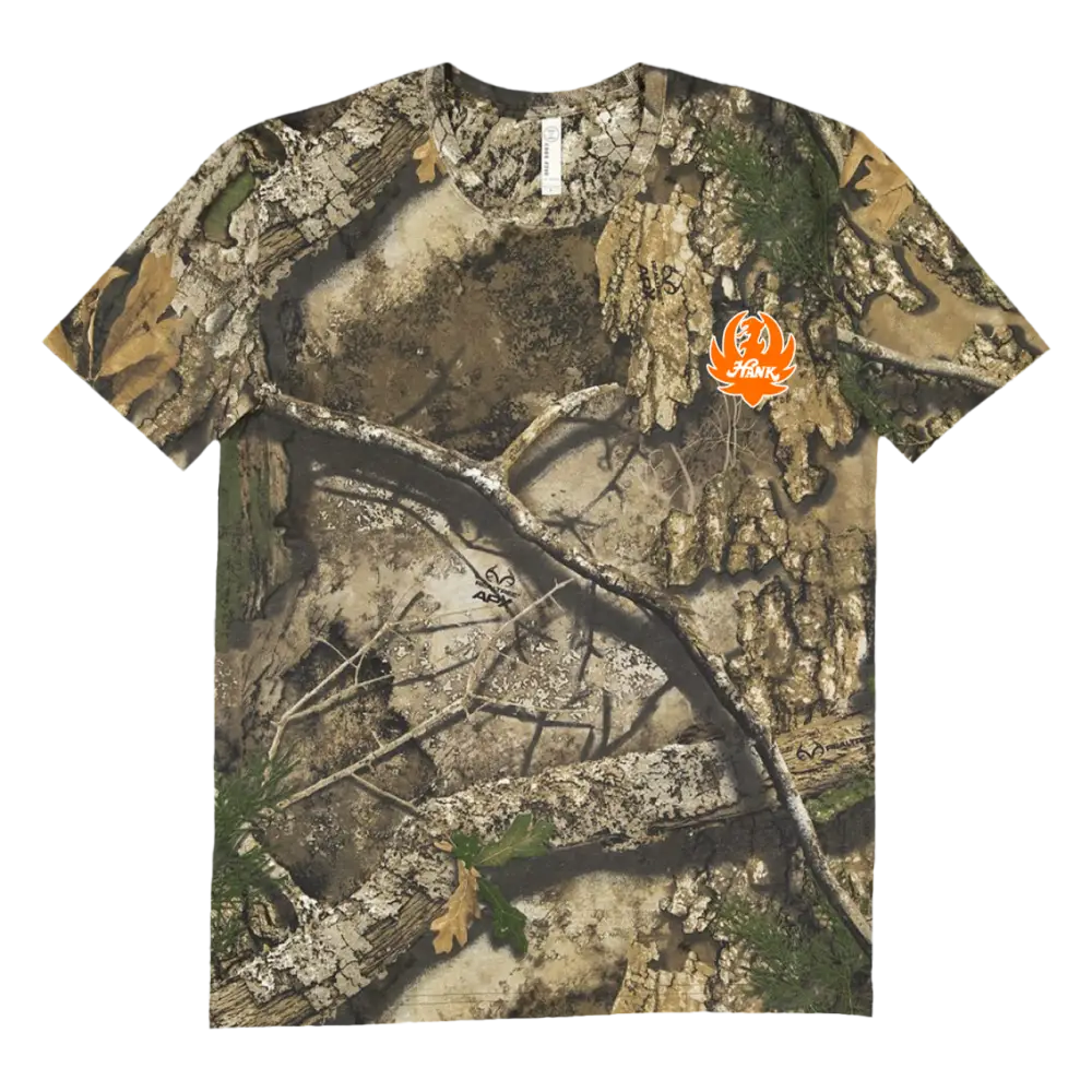 Camouflage-patterned t-shirt with a small orange logo on the chest.