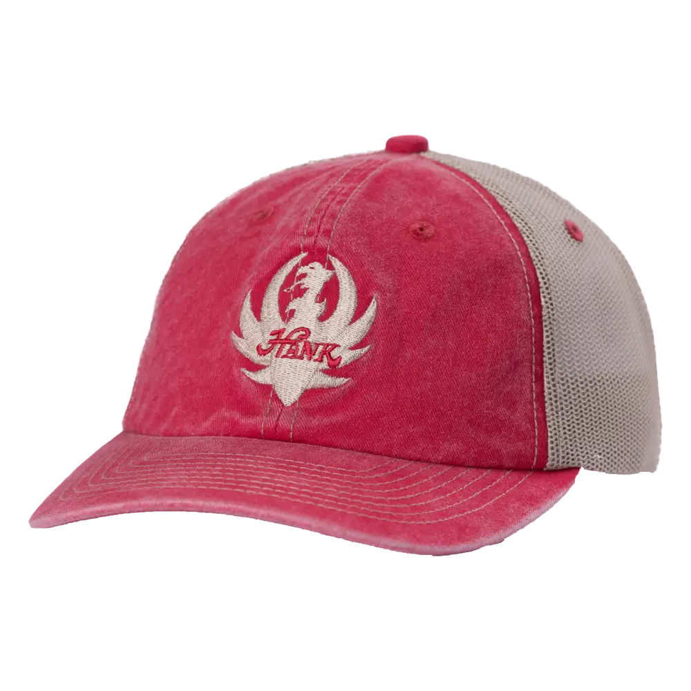 Red and tan trucker-style baseball cap with a white logo.