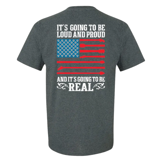 Gray t-shirt with patriotic text and American flag design on the back.
