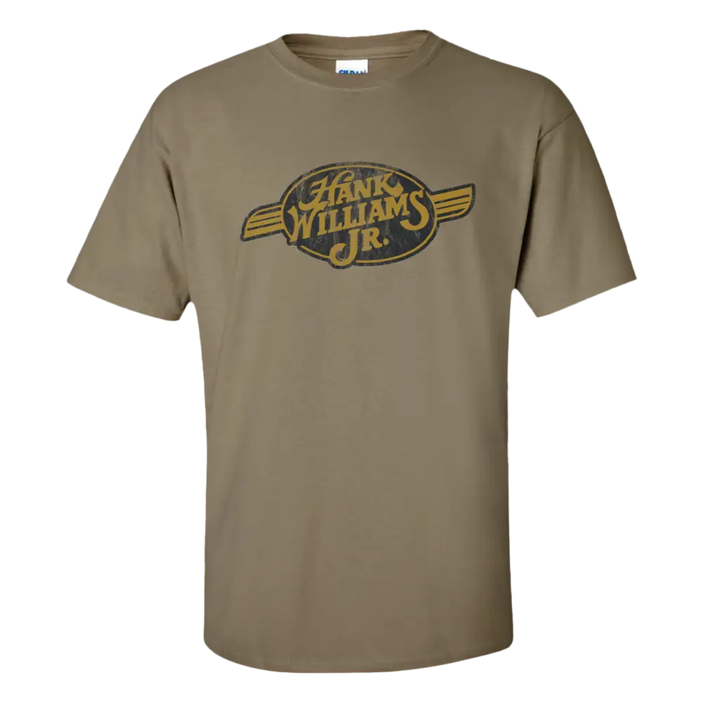 Tan t-shirt with a ’Hank Williams Jr.’ logo printed on the front.