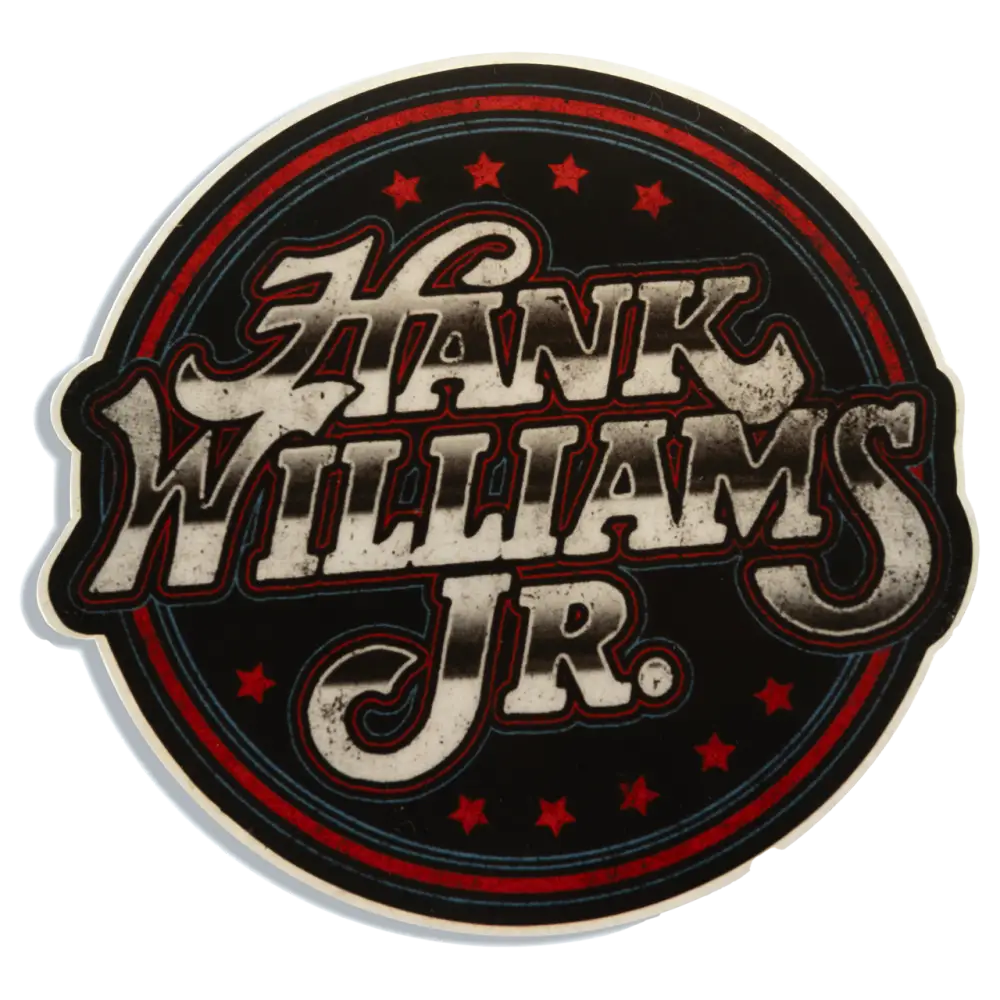 Circular logo for Hank Williams Jr. featuring stylized text and red stars.