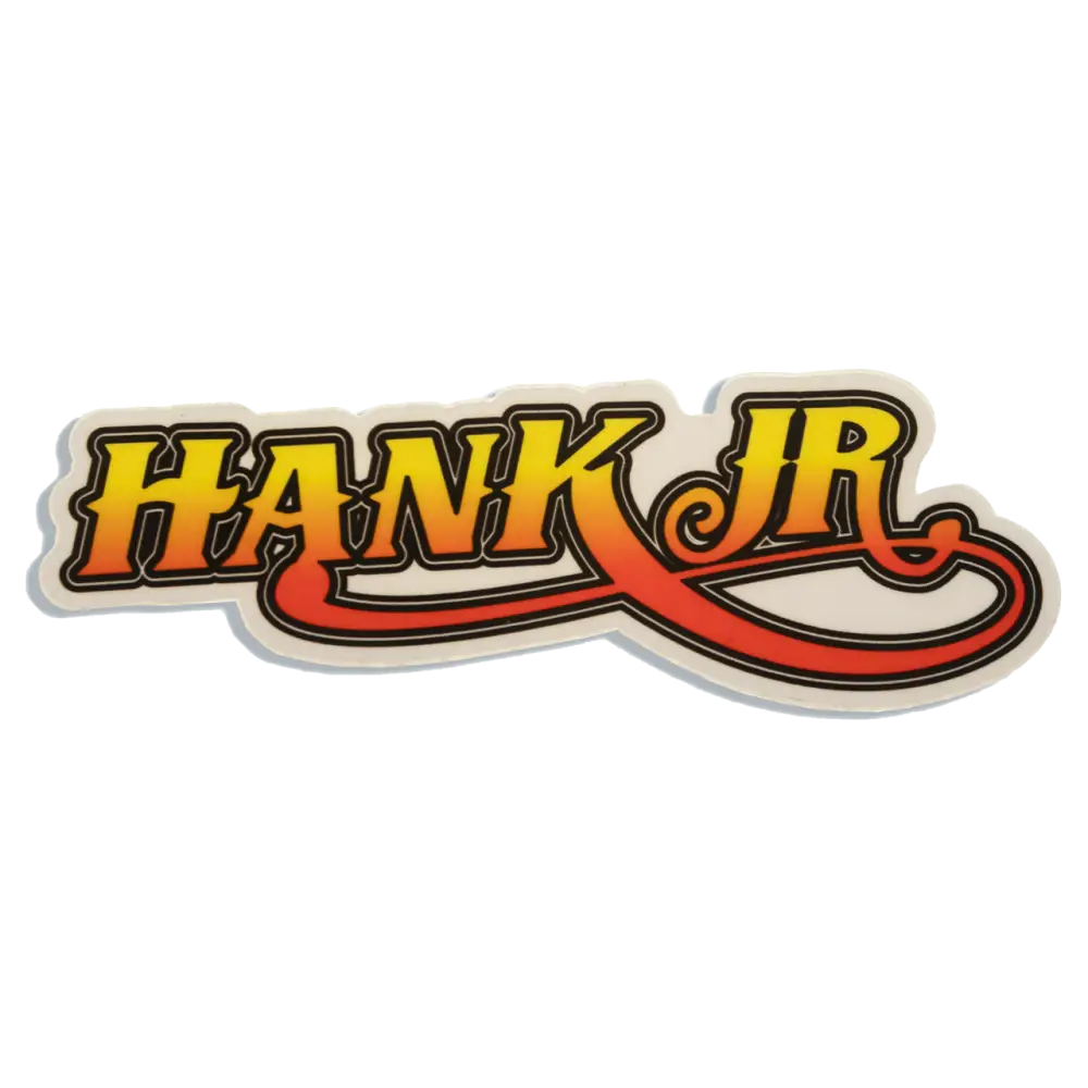 Stylized logo for ’Hank Jr.’ in yellow and orange gradient lettering with a curving red underline.