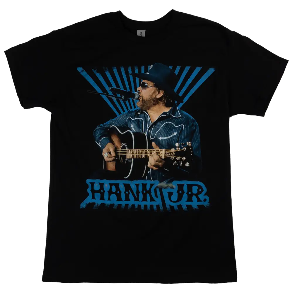 Black t-shirt featuring a country musician playing an acoustic guitar with blue graphic elements.