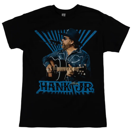 Black t-shirt featuring a country musician playing an acoustic guitar with blue graphic elements.