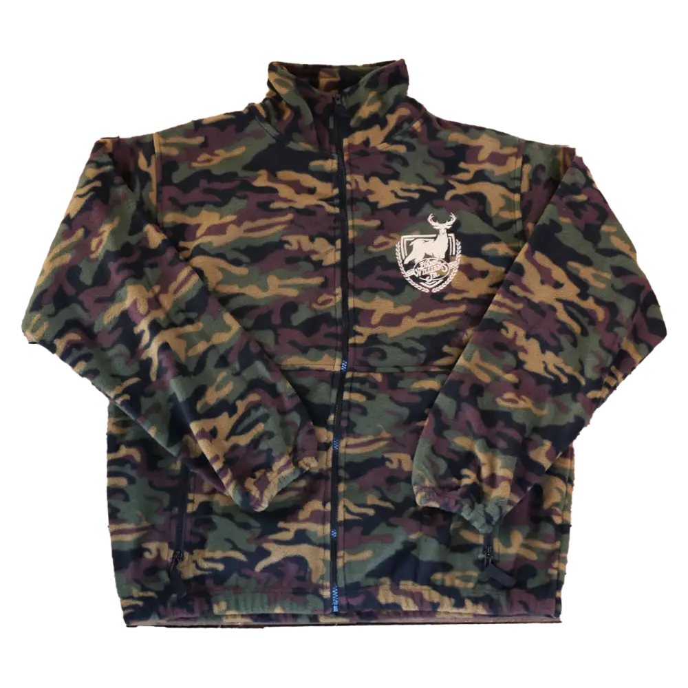 Camo fleece jacket with emblem.