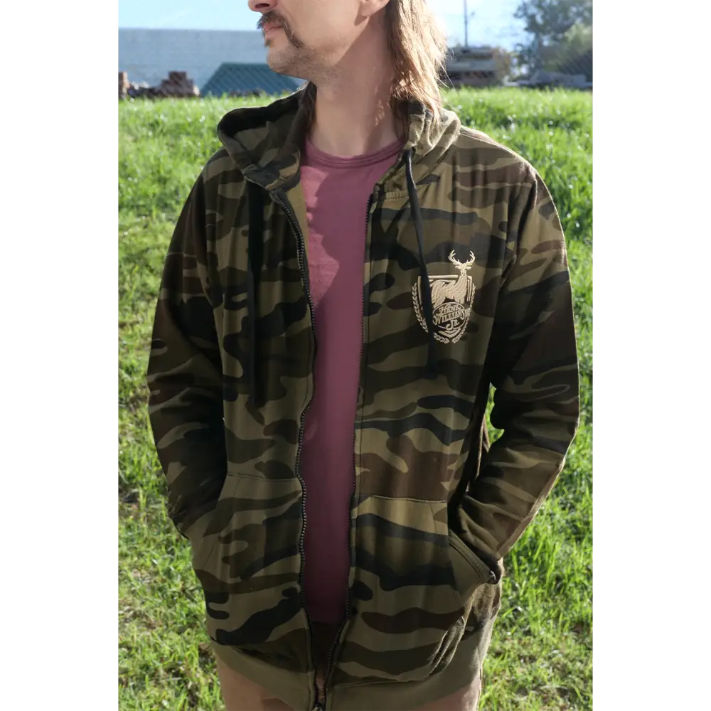 Camo zip-up hoodie.