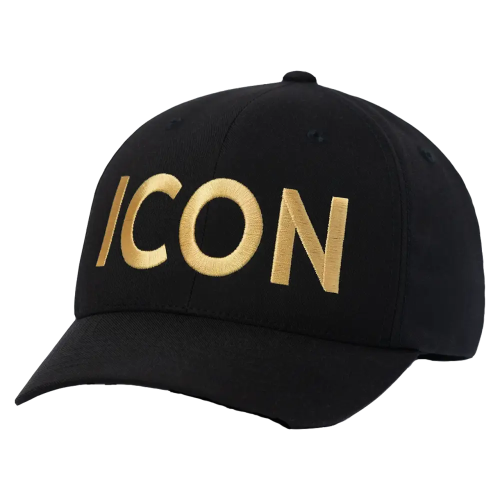 Black baseball cap with gold ’ICON’ text embroidered on the front.