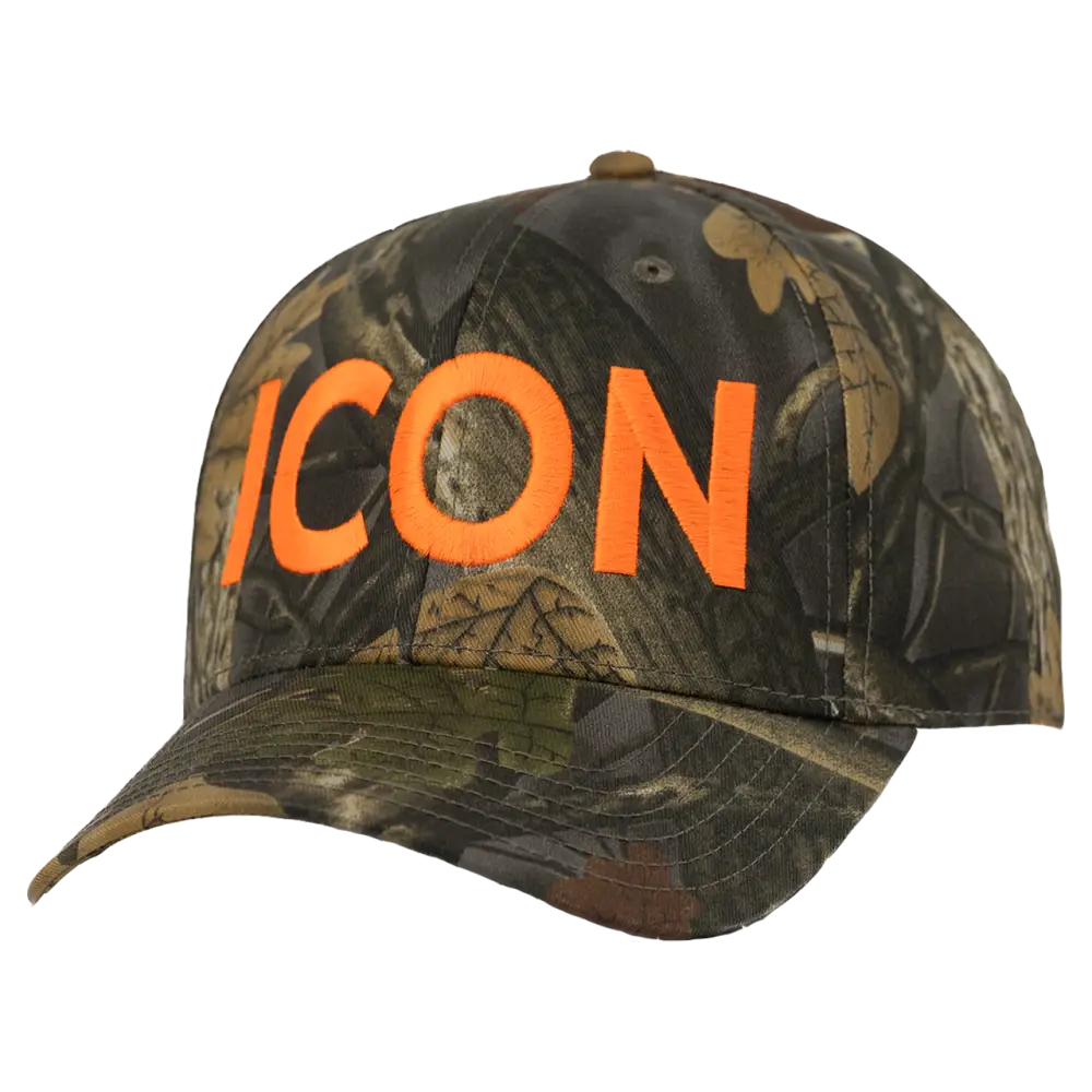 Camouflage baseball cap with bright orange ’ICON’ text on the front.