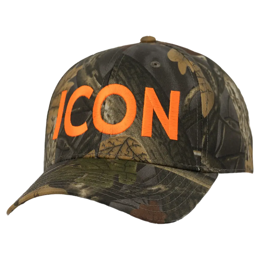 Camouflage baseball cap with bright orange ’ICON’ text on the front.