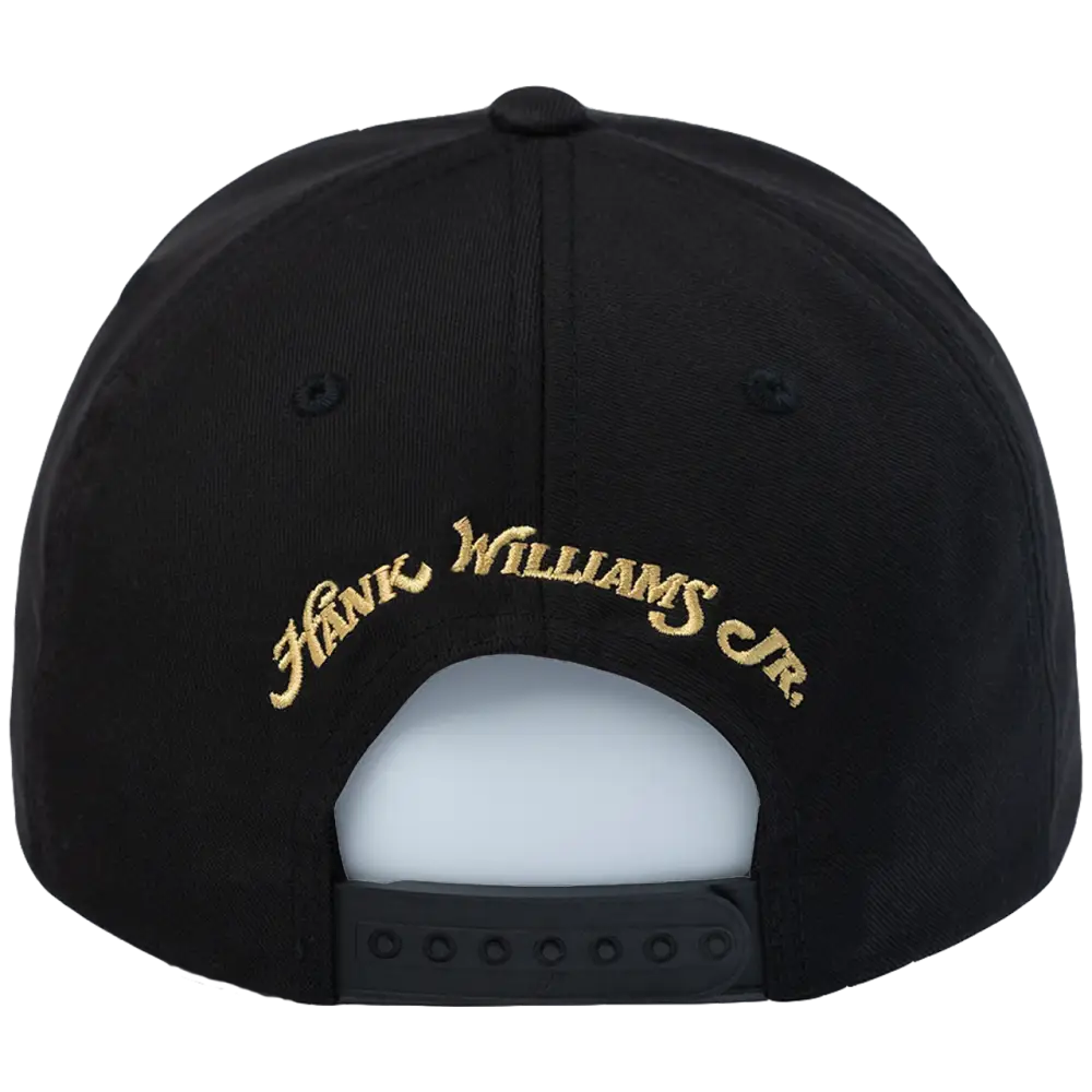 Black baseball cap with ’Hank Williams Jr.’ embroidered in gold on the back.
