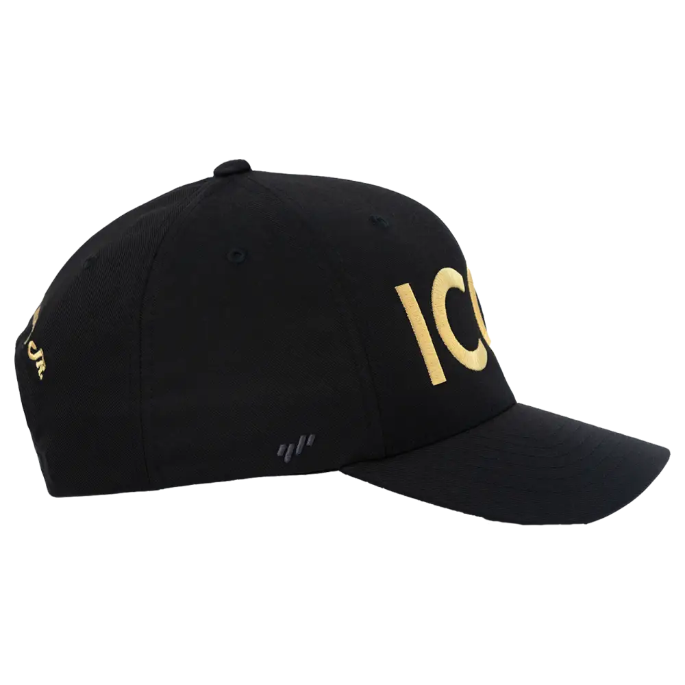 Black baseball cap with gold ’ICO’ lettering on the side.