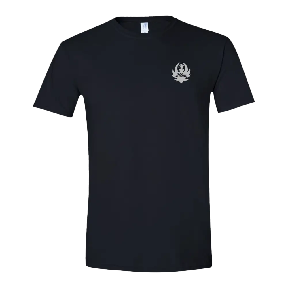 Black t-shirt with a small logo on the left chest area.
