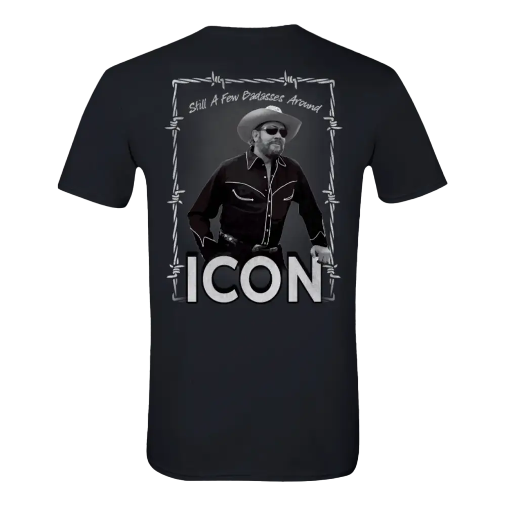 Black t-shirt featuring a monochrome image of a cowboy figure with text ’ICON’ and a barbed wire border design.