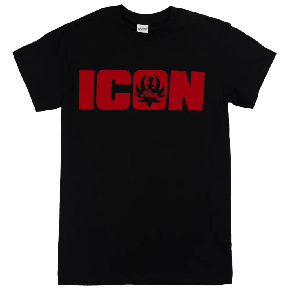 Black t-shirt with ’ICON’ printed in red letters on the front.