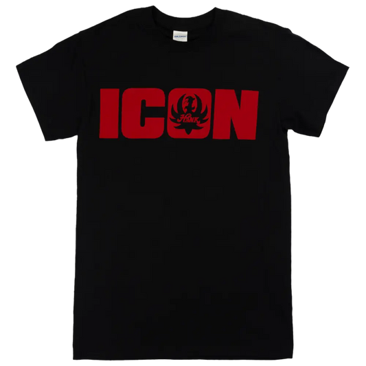 Black t-shirt with ’ICON’ printed in red letters on the front.