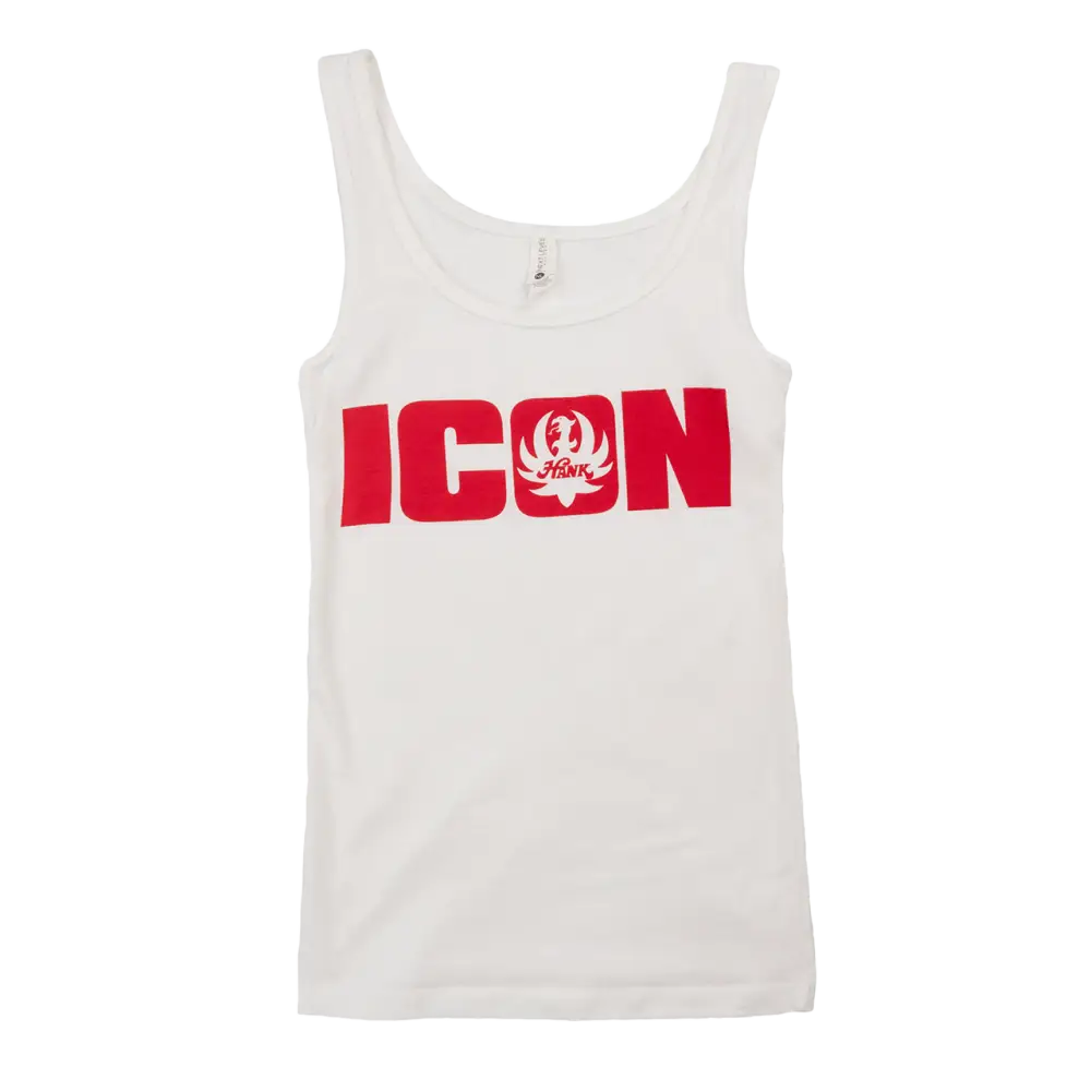 White tank top with red ’ICON’ text and a small logo graphic.