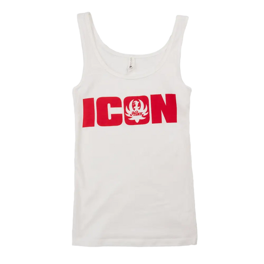 White tank top with red ’ICON’ text and a small logo graphic.