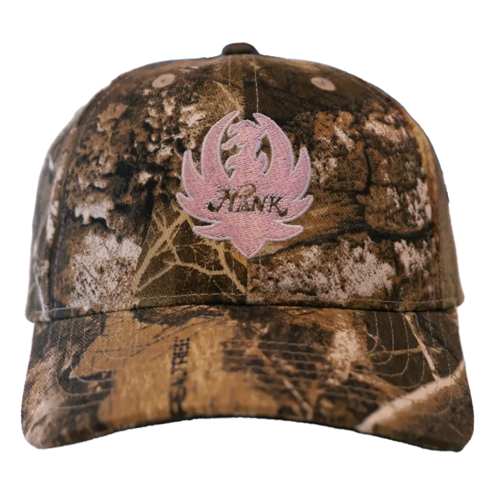 Camouflage baseball cap with pink logo.