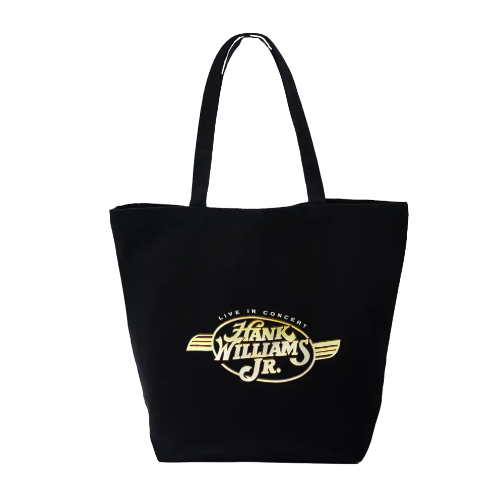 Black tote bag with a Hank Williams Jr. logo printed on it.