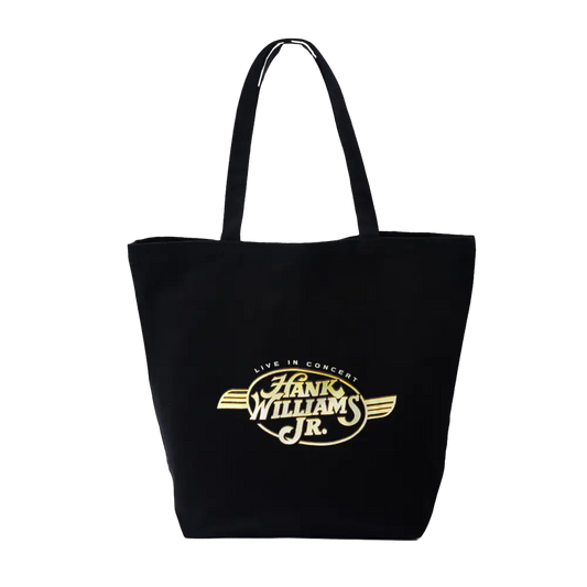 Black tote bag with a Hank Williams Jr. logo printed on it.