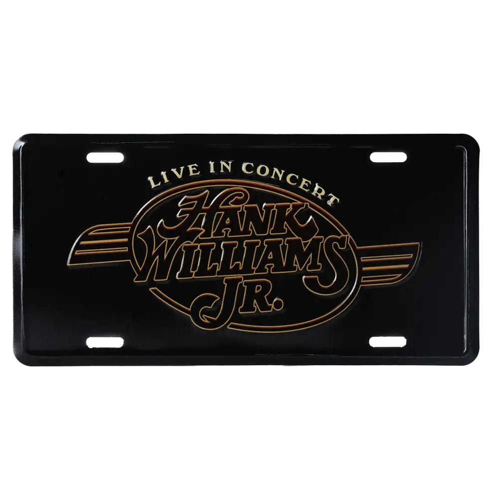 License plate featuring ’Hank Williams Jr. Live in Concert’ logo in gold lettering on a black background.