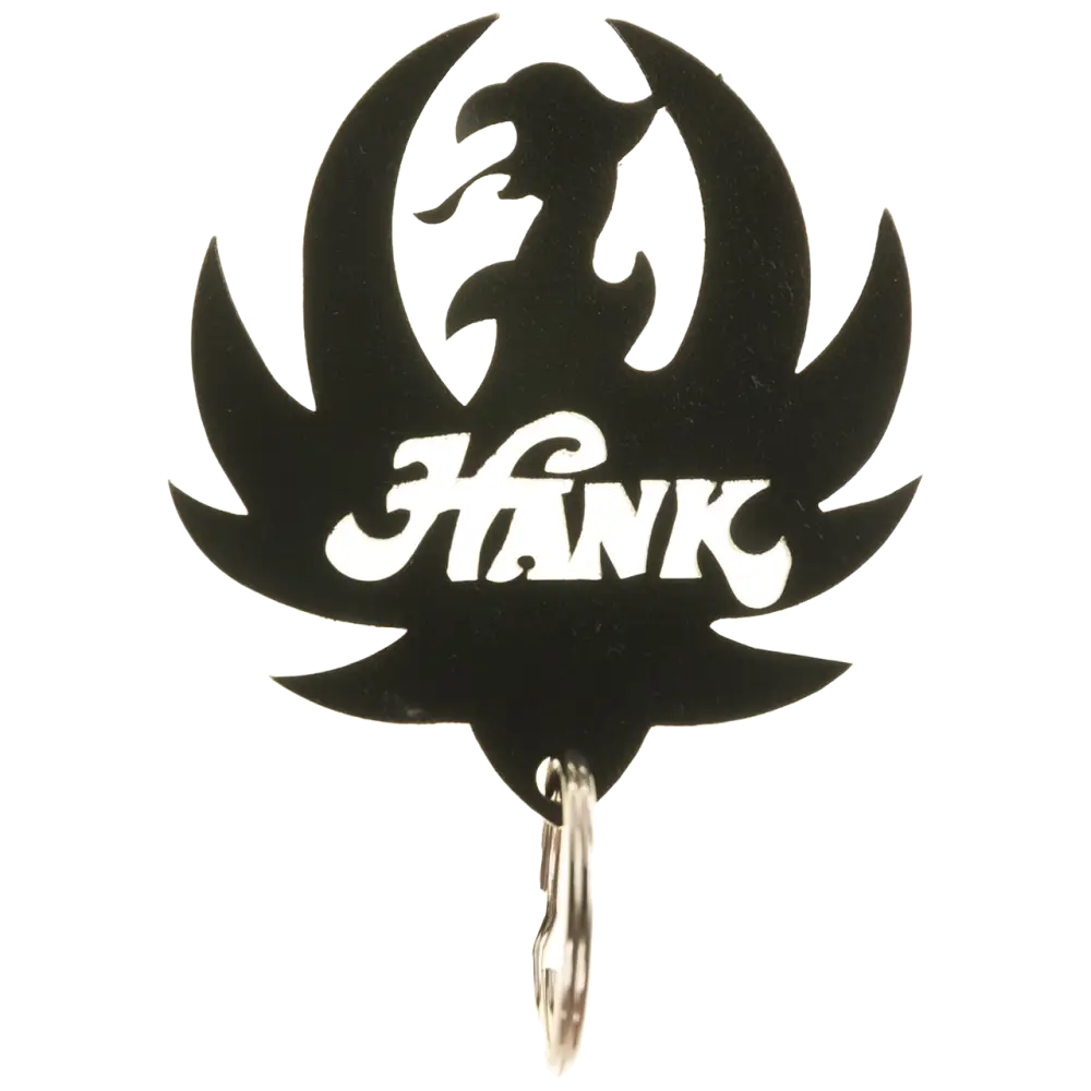 Black silhouette key hook featuring a phoenix design and the word ’Hank’.