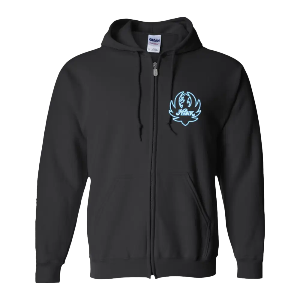 Black zip-up hoodie with a light blue logo on the chest.