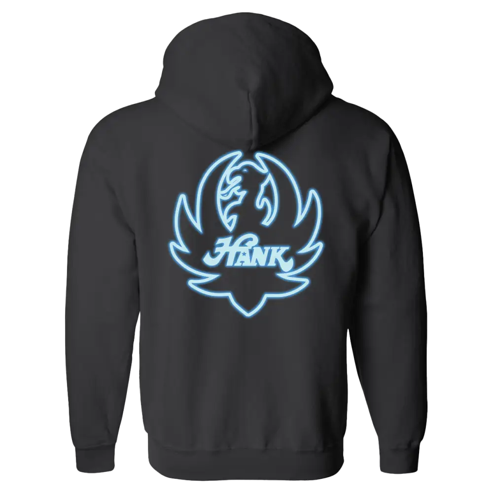 Black hoodie with a glowing blue ’Hank’ logo featuring stylized wings or flames.