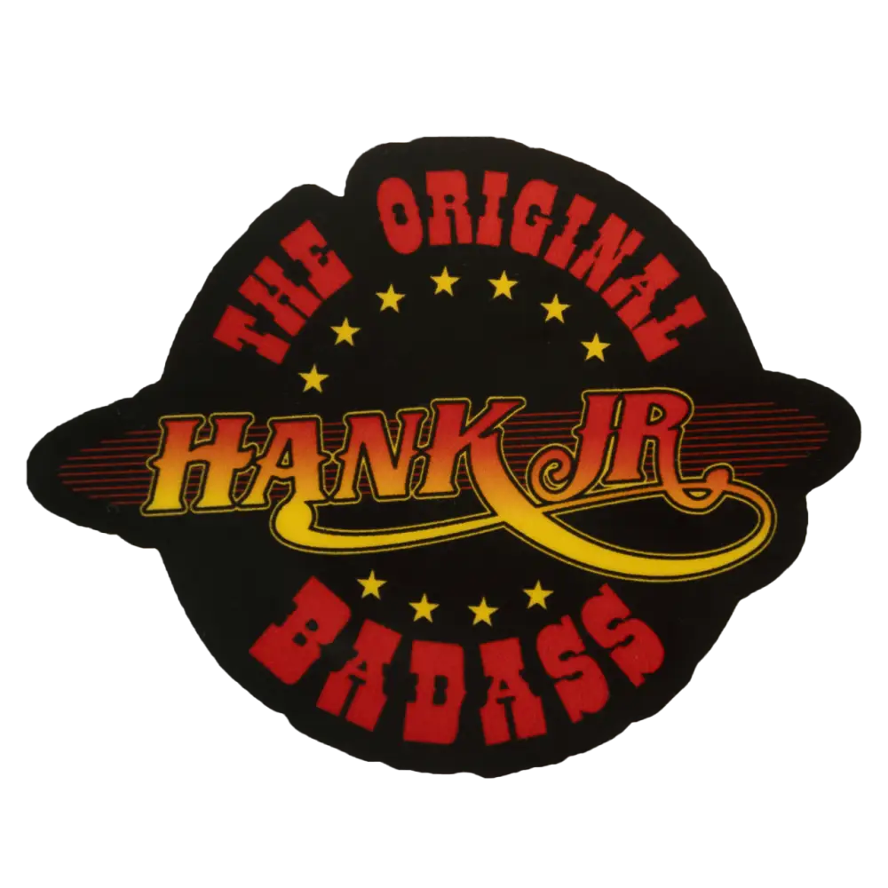 Patch or emblem featuring the text ’HANK JR.’ surrounded by ’THE ORIGINAL BADASS’ and yellow stars.