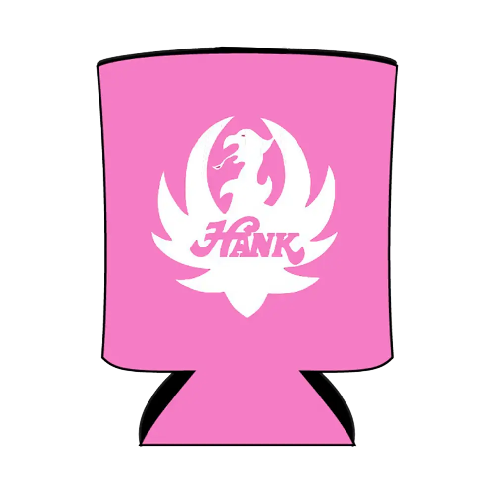 Pink can cooler with white logo.