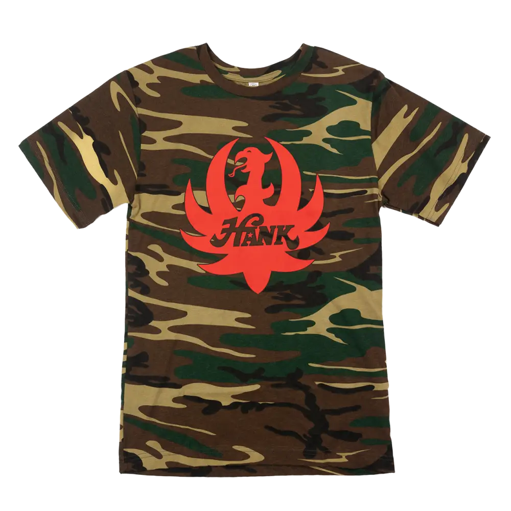 Camouflage t-shirt with a red Hank logo featuring a stylized bird or phoenix design.
