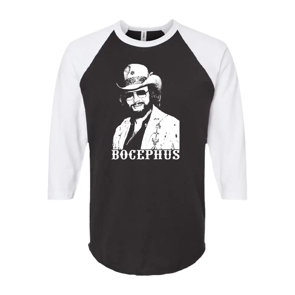 Baseball-style t-shirt with a portrait and ’BOCEPHUS’ text on the front.