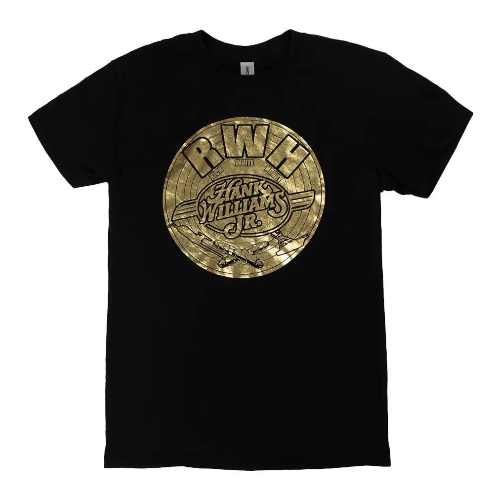 Black t-shirt with a gold circular logo design featuring ’RWB’ text and ’Hank Williams Jr.’ branding.