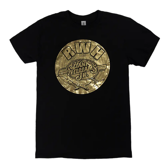 Black t-shirt with a gold circular logo design featuring ’RWB’ text and ’Hank Williams Jr.’ branding.