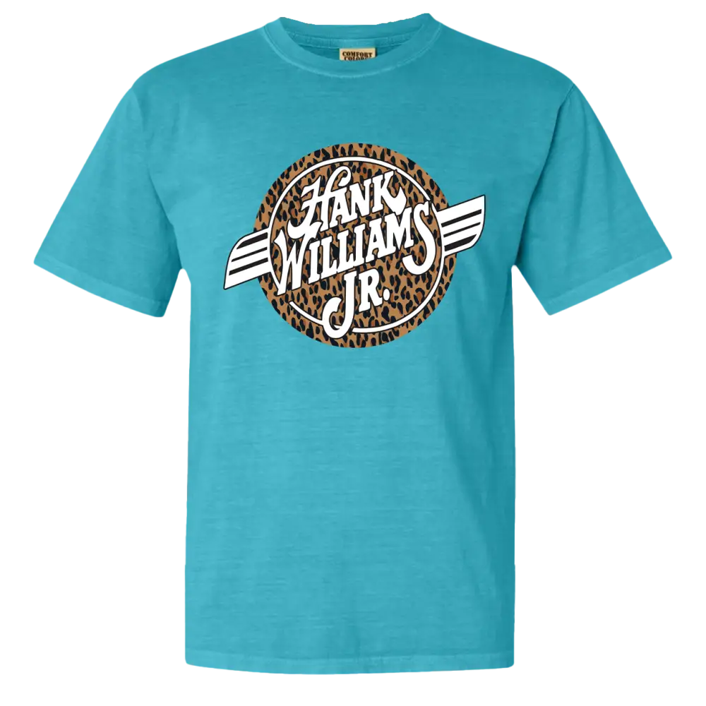 Teal t-shirt featuring a Hank Williams Jr. logo with leopard print design.