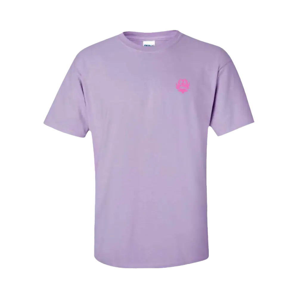 Lavender t-shirt with a small pink logo on the chest.