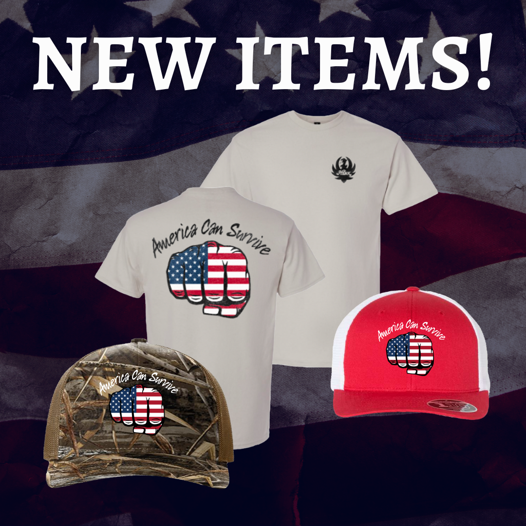 Advertisement for new patriotic-themed clothing items including t-shirts and hats with American flag designs.