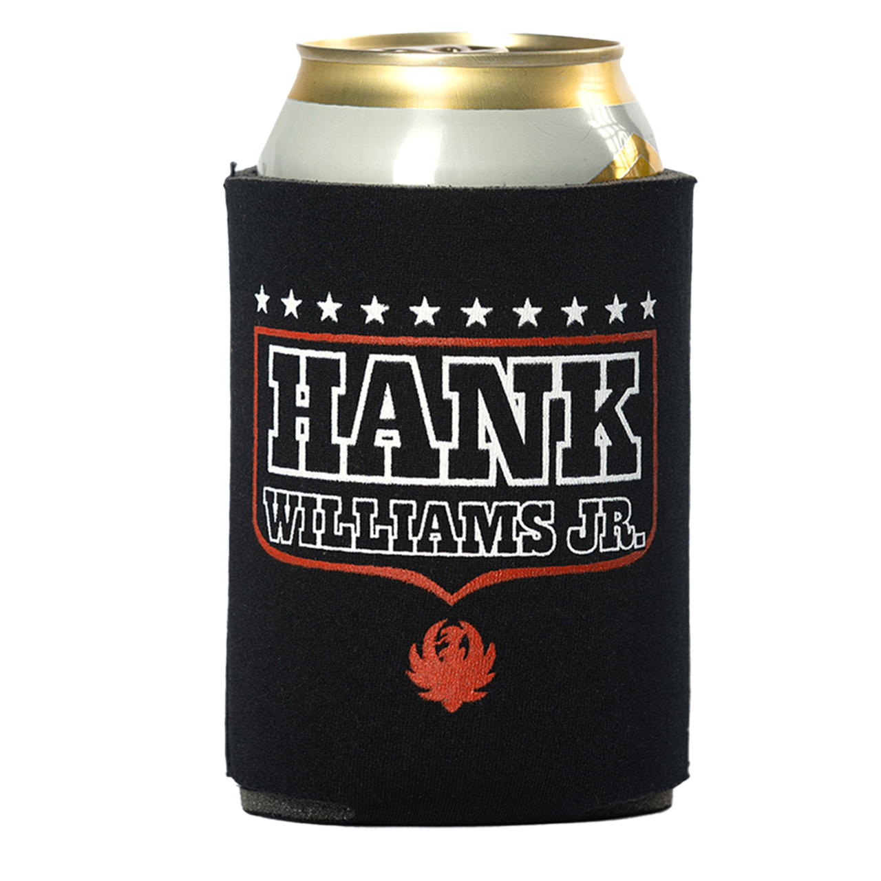 Black can cooler featuring ’HANK WILLIAMS JR.’ text and a red phoenix logo.