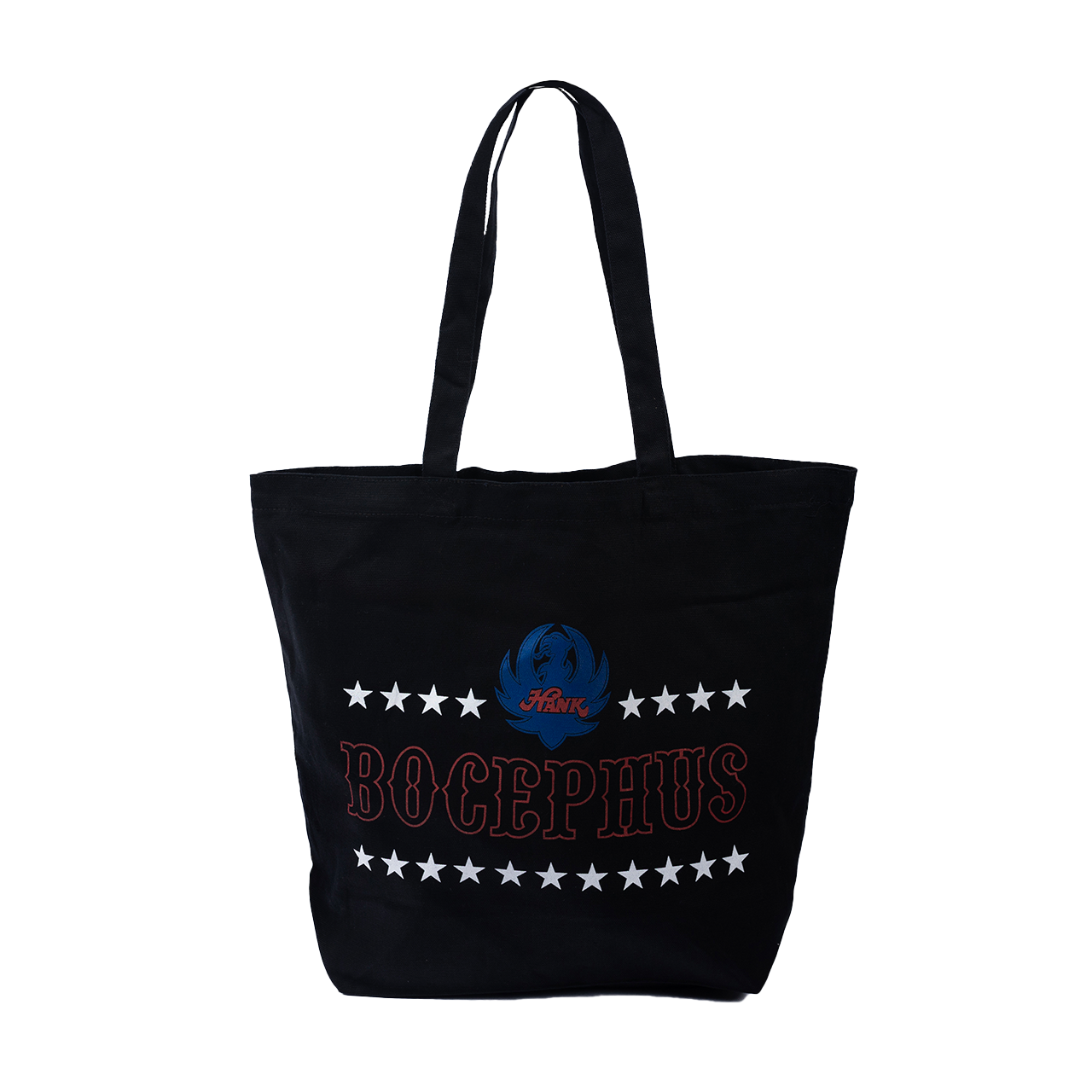 Black tote bag with ’Bocephus’ and stars embroidered on it.